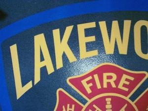 Lakewood fire department logo on epoxy floor